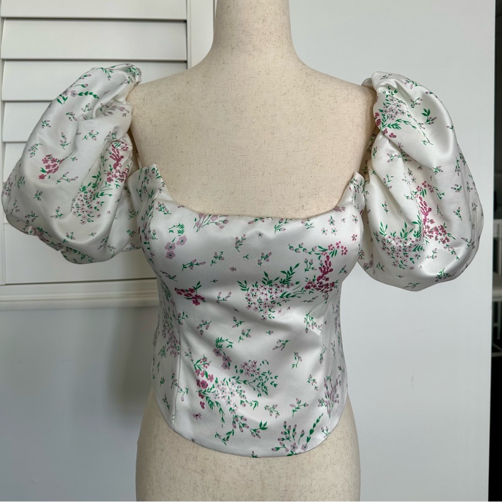 NWOT POST MERIDIEM Floral Puffy Sleeve Bustier Top - Picture 4 of 7